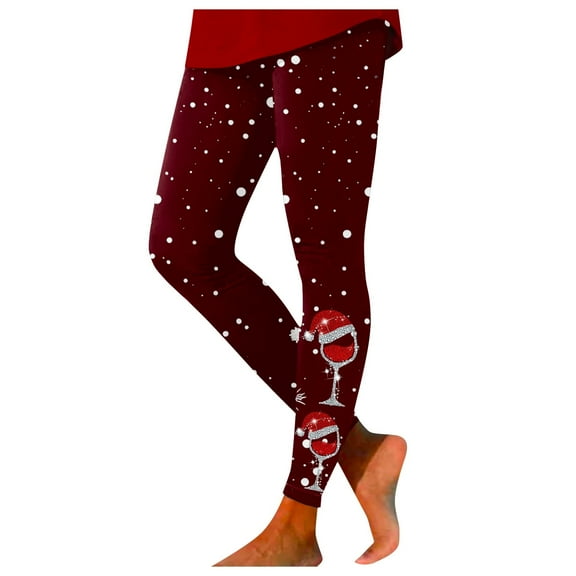 Fiaer Christmas Womens Leggings Black Plus Size Pants Glass Printed Slim Fit High Waisted Trousers Red XL