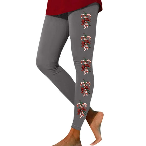 Fiaer Christmas Womens Leggings Plus Size Candy Sticks Yoga Pants High Waisted Trendy Stretch Comfort Tight Trousers Grey XXL