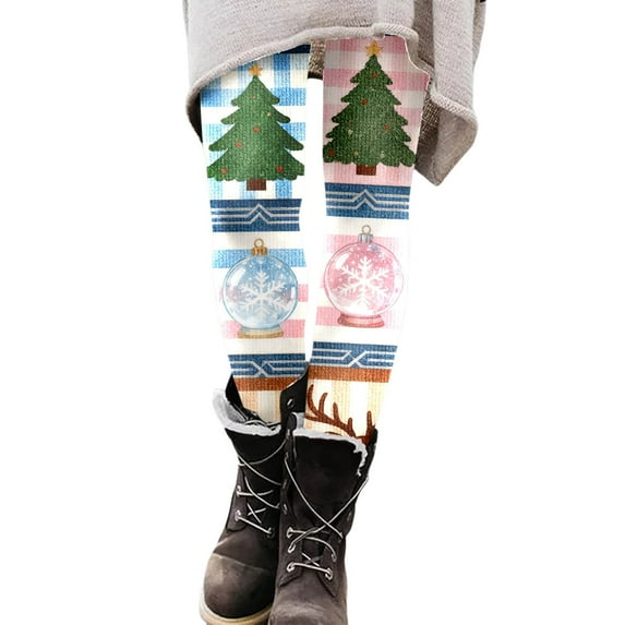 Fiaer Christmas Womens Leggings Trendy High Waisted Xmas Yoga Pants Plus Size Color Blocking Slim Fit Trousers White XXL