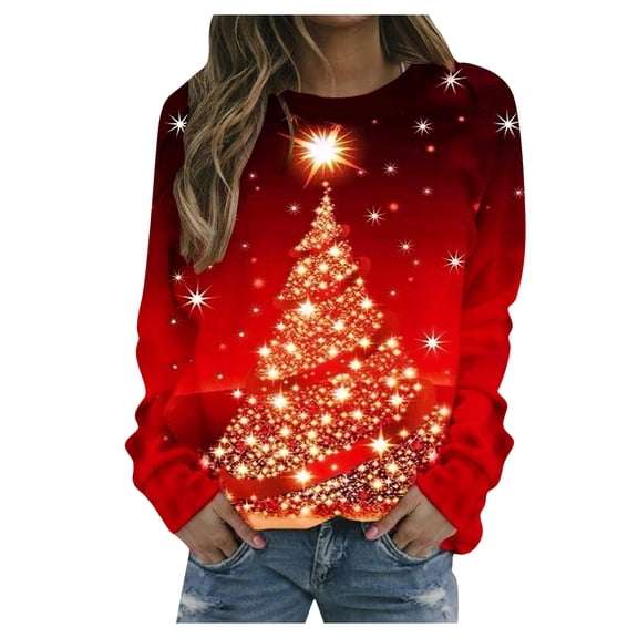 Fiaer Christmas Womens Long Sleeve T Shirts Shine Oversized Xmas Tshirts Crew Neck Casual Fashion Baggy Comforts Tops for Party and Daily Wear Orange S