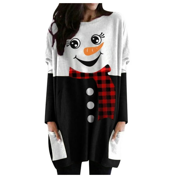 Fiaer Christmas Womens Long T Shirts with Pockets Oversized Cute Graphic Tunic Tshirts Crew Neck Long Sleeve Color Blocking Tops Black L