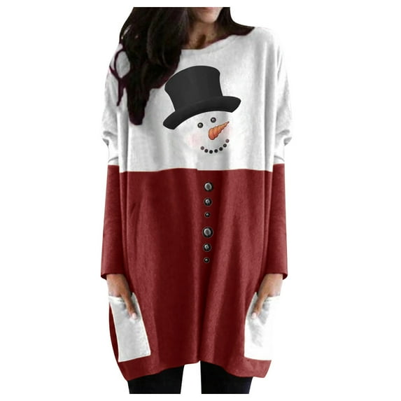 Fiaer Christmas Womens Long T Shirts with Pockets Oversized Cute Graphic Tunic Tshirts Crew Neck Long Sleeve Color Blocking Tops Red L