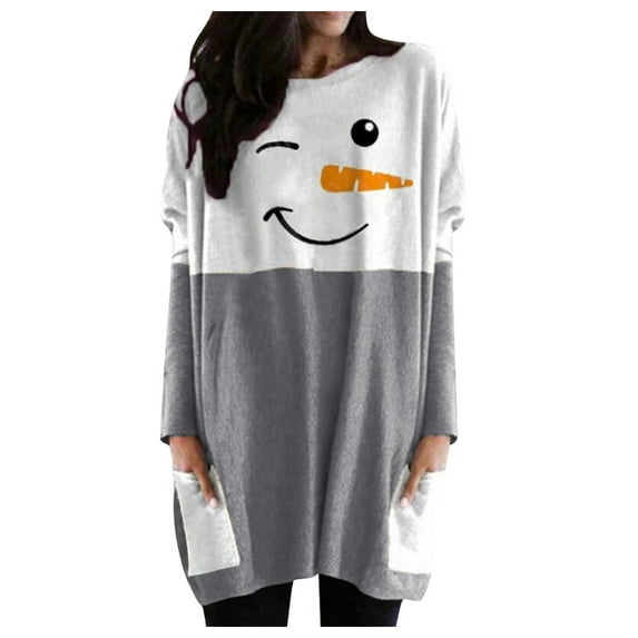 Fiaer Christmas Womens Long T Shirts with Pockets Oversized Cute Graphic Tunic Tshirts Crew Neck Long Sleeve Color Blocking Tops White L