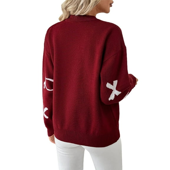 Fiaer Christmas Womens Sweater Bow Printed Crew Neck Knitted Pullover Long Sleeve Thermal Warm Baggy Comfy Xmas Tops Red L