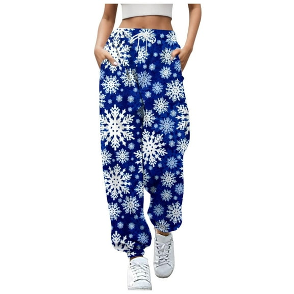 Fiaer Christmas Womens Sweatpants Baggy Plus Size Xmas Pants Santa Snowflake Funny Graphic High Waisted Casual Trendy Pockets Trousers Blue S