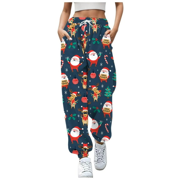 Fiaer Christmas Womens Sweatpants Baggy Plus Size Xmas Pants Santa Snowflake Funny Graphic High Waisted Casual Trendy Pockets Trousers Dark Blue M