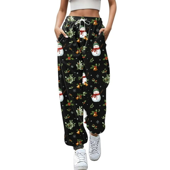 Fiaer Christmas Womens Sweatpants Funny Snowman Graphic Trendy Xmas Pants Baggy Casual Plus Size Comfort Holiday Trousers with Pocket Black M