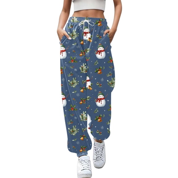 Fiaer Christmas Womens Sweatpants Funny Snowman Graphic Trendy Xmas Pants Baggy Casual Plus Size Comfort Holiday Trousers with Pocket Navy S