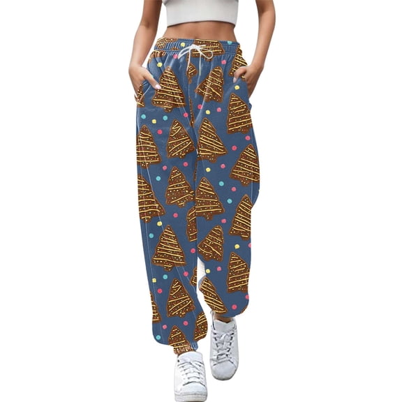 Fiaer Christmas Womens Sweatpants Plus Size Trendy Baggy Pants High Waisted Funny Graphic Xmas Trousers with Pocket Navy S