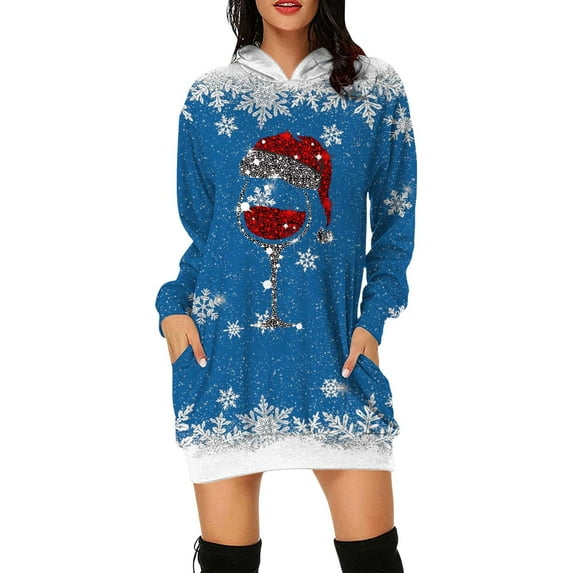 Fiaer Christmas Womens Sweatshirts Dress Oversized Baggy Hoodie Snowflake Glass Printed Long Sleeve Pocket Xmas Tops with Pocket Blue XXXL
