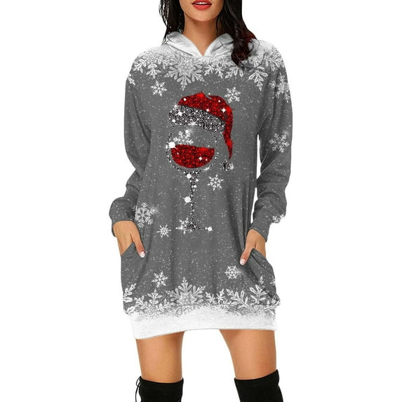 Fiaer Christmas Womens Sweatshirts Dress Oversized Baggy Hoodie Snowflake Glass Printed Long Sleeve Pocket Xmas Tops with Pocket Grey L