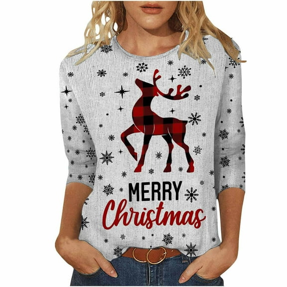 Fiaer Christmas Womens T Shirts 3/4 Sleeve Shine Tree Oversized Xmas Tshirts Crew Neck Loose Fit Trendy Breathable Casual Tops Grey S
