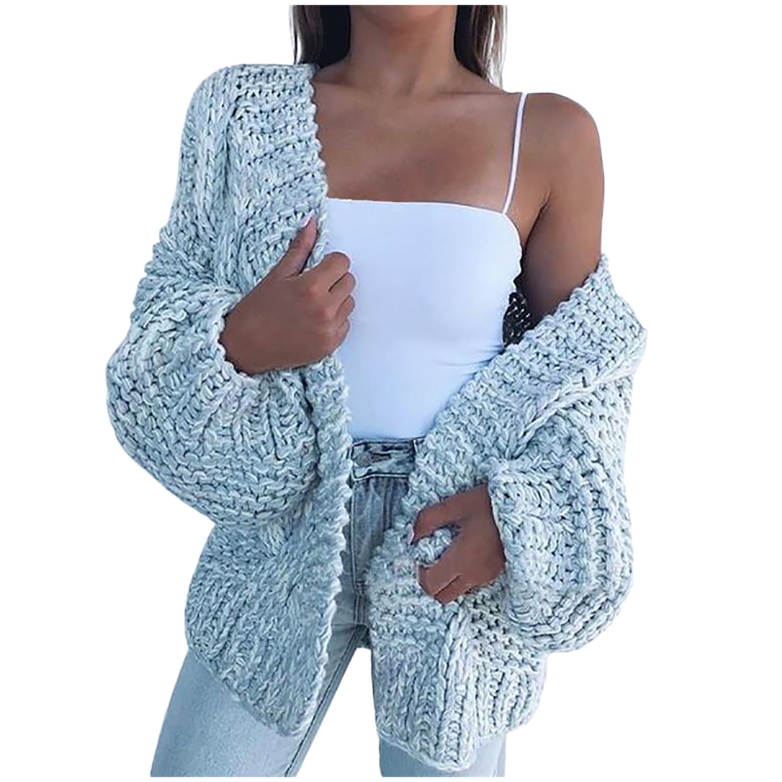 Cardigan Sweaters for Women Oversized Long Sleeve Trendy Breathable Solid Comfy Open Front Knit Tops Sky Blue XL