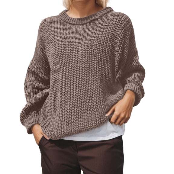 Fiaer Knit Sweaters for Women Oversized Crew Neck Loose Fit Solid Color Casual Trendy Long Sleeve Cable Knit Tops Coffee S