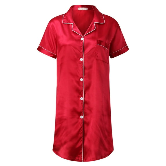 Fiaer Clearance,Button down Plus Size Womens Nightgowns,Women's V Neck Shorts Sleeve Nightdress,Ladies Loose Fit Casual Trendy Longer Shirts with Pocket Red L