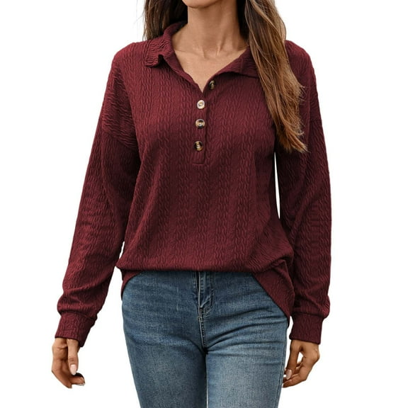 Fiaer Clearance,Button up Plus Size Pullover for Women,Ladies V Neck Loose Fit Sweatshirts,Women's Long Sleeve Lapel Collared Pure Tops XL