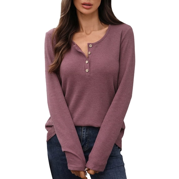 Fiaer Clearance,Button up Waffles T Shirt for Women,Womens Plus Size Crew Neck Tops,Ladies Long Sleeve Loose Fit Casual Tshirts Light Purple S