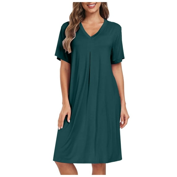 Fiaer Clearance,Loose Fit Shorts Sleeve Nightdress for Women,Ladies V Neck Trendy Casual Sleepwear Dress,Women's Going out Soft Knee Length T Shirts Green L