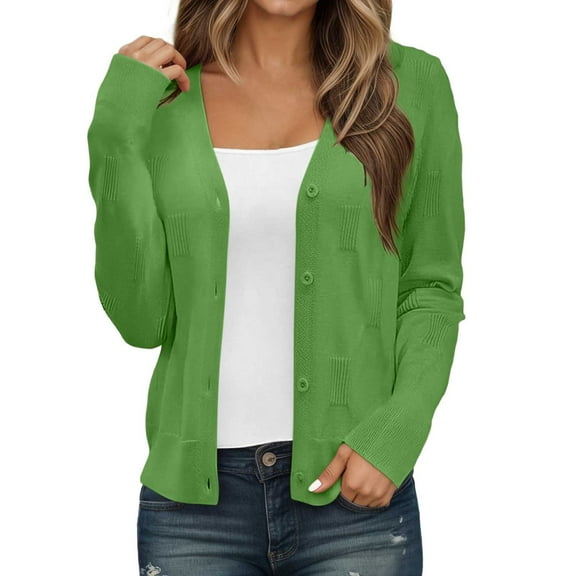 Fiaer Clearance,Women's Crochet Cropped Cardigan,Ladies Button down V Neck Plus Size Sweater,Womens Long Sleeve Loose Fit Knitted Tops Green XL