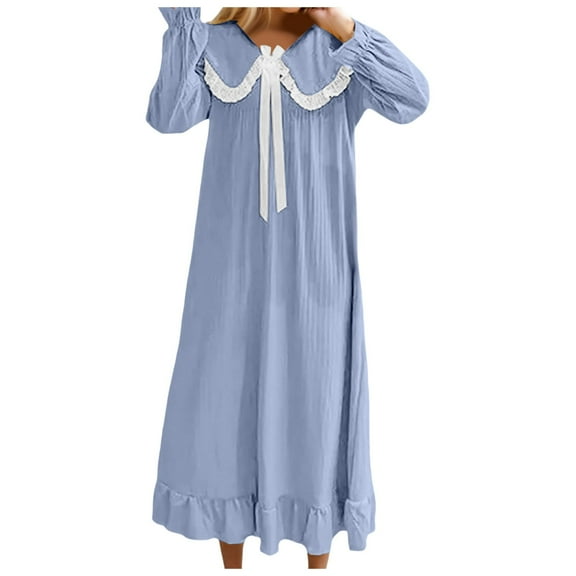 Fiaer,Plus Size Lace Trim Nightgowns for Women,Women's Long Sleeve V Neck Bow Sleepshirts,Ladies Loose Fit Ruffle Hem Trendy Lapel Collared Pajamas Blue1 M