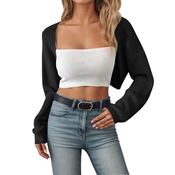 Fiaer Clearance,Womens Bolero Shrug Crochet Cropped Cardigan,Women's Lightweight Loose Fit Knitted Sweater,Ladies Long Sleeve Solid Soft Tops Black L