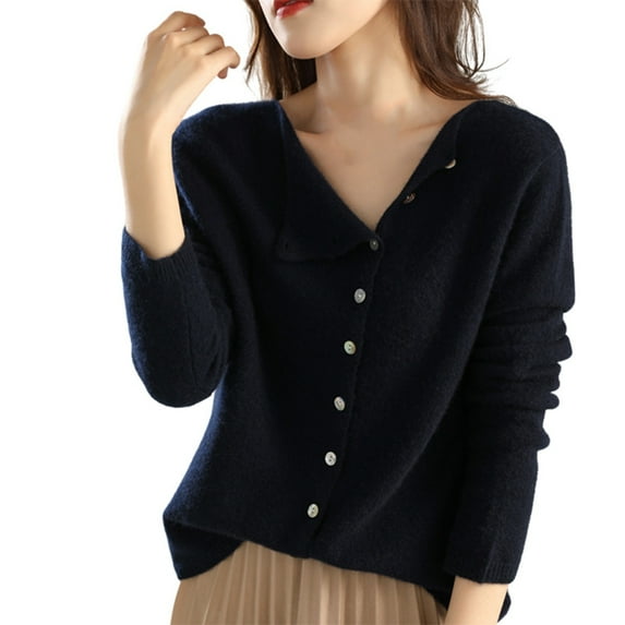 Fiaer Crew Neck Knitted Cardigan Sweaters Autumn Casual Versatile Slimming Solid Button Down Fashion Tops Blue L