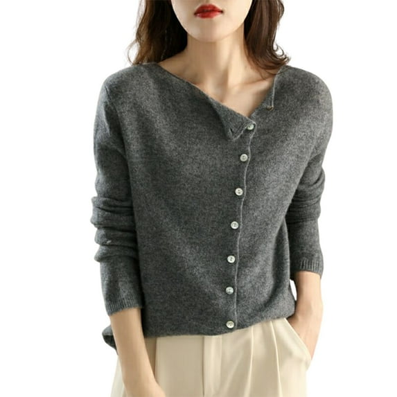 Fiaer Crew Neck Knitted Cardigan Sweaters Autumn Casual Versatile Slimming Solid Button Down Fashion Tops Grey XL