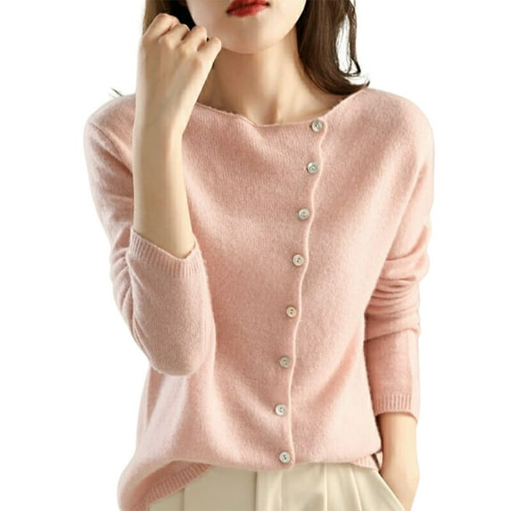 Fiaer Crew Neck Knitted Cardigan Sweaters Autumn Casual Versatile Slimming Solid Button Down Fashion Tops Hot Pink S