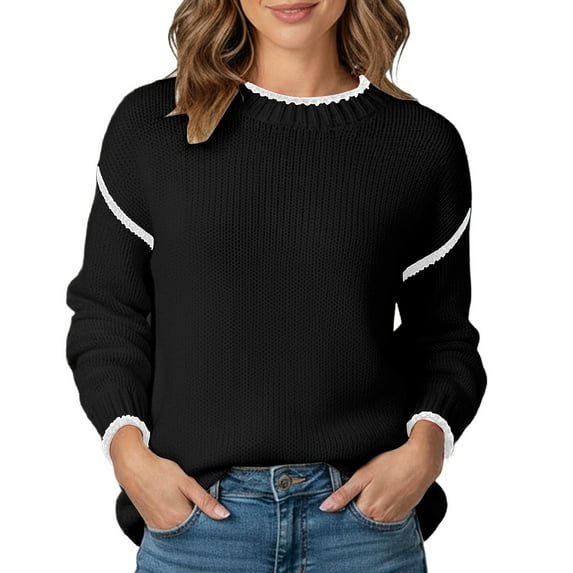 Fiaer Crew Neck Sweater for Women Trendy Baggy Knitted Pullover Long Sleeve Casual Thermal Warm Comfort Color Blocking Tops Black M