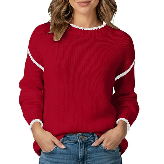 Fiaer Crew Neck Sweater for Women Trendy Baggy Knitted Pullover Long Sleeve Casual Thermal Warm Comfort Color Blocking Tops Red M