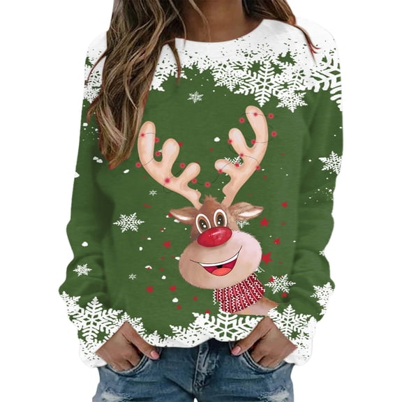 Fiaer Crew Neck Sweatshirts Women Christmas Deer Snowflake Graphic Tees Funny Xmas Plus Size Baggy Trendy Long Sleeve Tops Green L