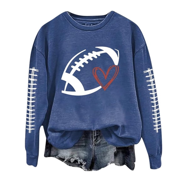 Fiaer Crew Neck Sweatshirts for Women Long Sleeve Football Graphic Printed Pullover Loose Fit Casual Trendy Tops Blue L