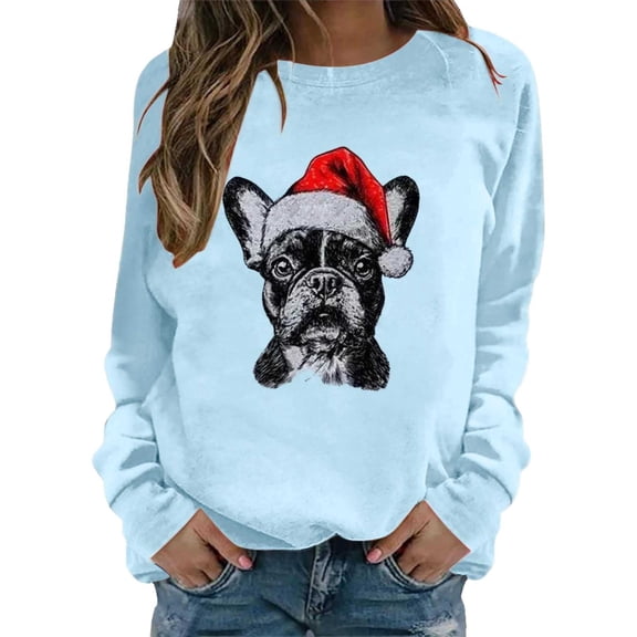 Fiaer Crew Neck Women Christmas Sweatshirts Long Sleeve Fog Printed Tops Plus Size Casual Fashion Fall Cozy Pullover Sky Blue S