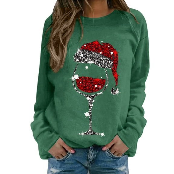 Fiaer Crewneck Sweatshirts Christmas Women Funny Oversized Long Sleeve Xmas Red Glass Pullover Loose Fit Trendy Tops Dark Green M