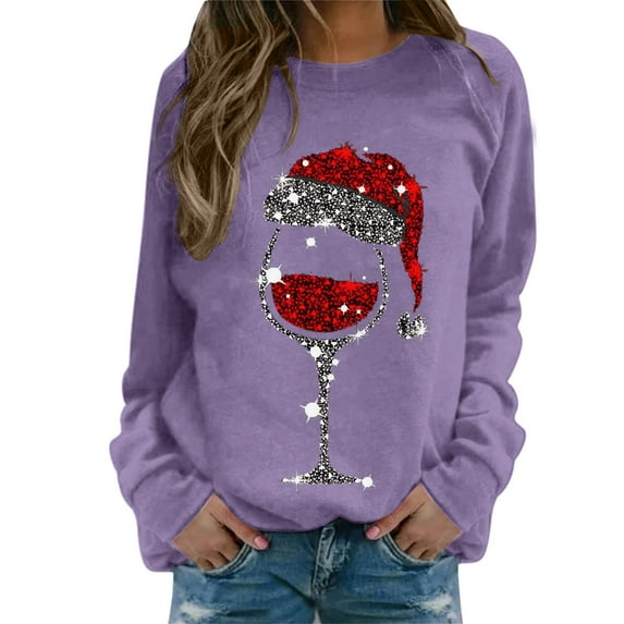 Fiaer Crewneck Sweatshirts Christmas Women Funny Oversized Long Sleeve Xmas Red Glass Pullover Loose Fit Trendy Tops Light Purple M