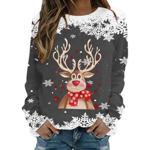 Fiaer Crewneck Sweatshirts Womens Christmas Deer Graphic Funny Xmas Plus Size Baggy Trendy Long Sleeve Pullover Tops Grey XL