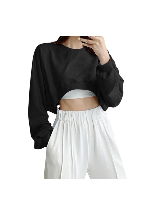 Crop Sweatshirts Women Crew Neck Long Sleeve Pullover Baggy Trendy Casual Solid Plus Size Tops Black L
