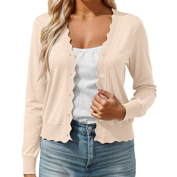 Fiaer Cropped Cardigan Sweaters For Women Button Down Long Sleeve Casual Trendy V-Neck Solid Color Lightweight Tops Beige L