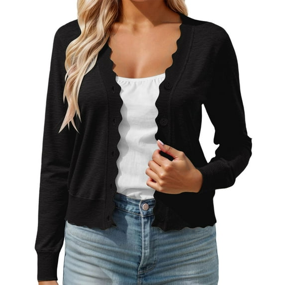 Fiaer Cropped Cardigan Sweaters For Women Button Down Long Sleeve Casual Trendy V-Neck Solid Color Lightweight Tops Black M
