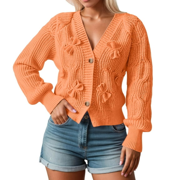 Fiaer Cropped Cardigan Sweaters for Women Long Sleeve Bow Knit V-Neck Casual Comfortable Lightweight Fashion Tops Orange M