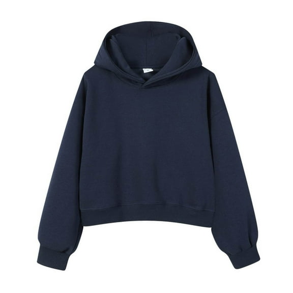 Fiaer Cropped Hoodies for Women Oversized Trendy Long Sleeve Hooded Sweatshirts Baggy Fashion Plain Tops Navy XL