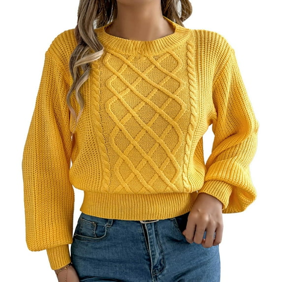 Fiaer Cropped Sweaters for Women Crew Neck Long Sleeve Solid Color Loose Fit Breathable Comfort Chunky Knitted Tops Yellow L