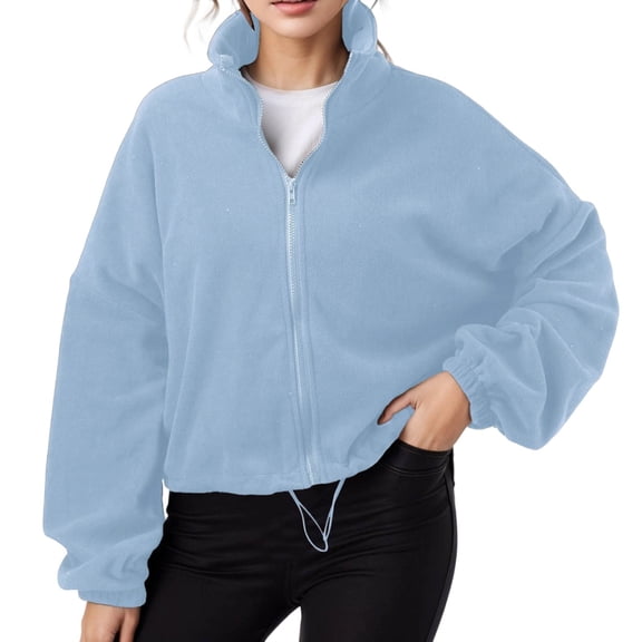 Fiaer Cropped Women Hoodie Full Zip up Jackets Plus Size Long Sleeve Sweatshirts Lapel Collared Loose Fit Drawstring Tops with Pocket Blue S