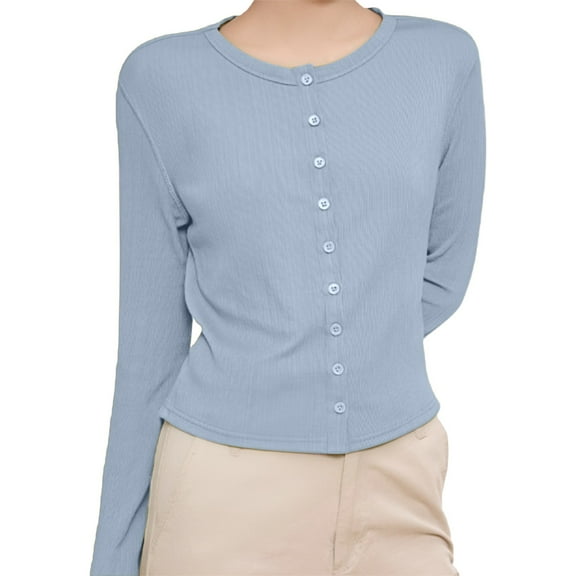 Fiaer Croppws Sweaters for Women Button down Crew Neck Long Sleeve Slim Fit Lightweight Cozy Fall Knit Tops Light Blue XL