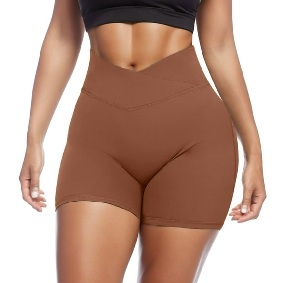 Fiaer Crossover Biker Shorts for Women No Front Seam V High Waist Yoga Workout Gym Shorts with Tummy Control Coffee M