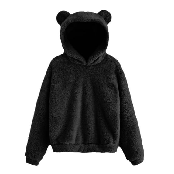 Fiaer Cute Ears Women Hoodie Oversized Long Sleeve Soft Warm Fleece Hooded Sweatshirts Baggy Comfort Fashion Tops Black S