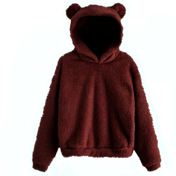 Fiaer Cute Ears Women Hoodie Oversized Long Sleeve Soft Warm Fleece Hooded Sweatshirts Baggy Comfort Fashion Tops Wine XL