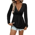 thumbnail image 1 of Fiaer,Deep V Neck Long Sleeve Tshrits for Women,Womens Plus Size Casual Trendy Going out Tops,Women's Ruffle Hem Front Knot Classic T Shirts Black XXL, 1 of 5
