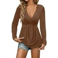 thumbnail image 1 of Fiaer,Deep V Neck Long Sleeve Tshrits for Women,Womens Plus Size Casual Trendy Going out Tops,Women's Ruffle Hem Front Knot Classic T Shirts Brown S, 1 of 5