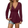 thumbnail image 1 of Fiaer,Deep V Neck Long Sleeve Tshrits for Women,Womens Plus Size Casual Trendy Going out Tops,Women's Ruffle Hem Front Knot Classic T Shirts Wine XL, 1 of 5